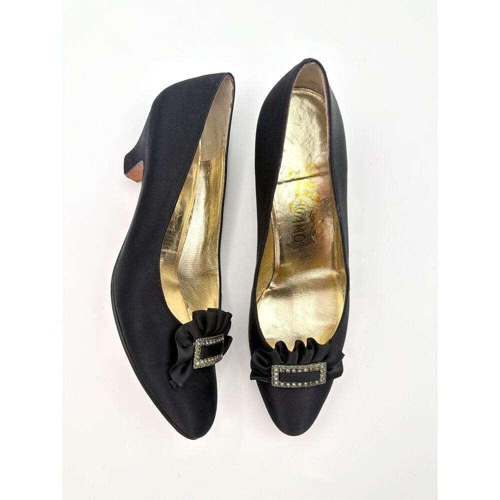 Salvatore Ferragamo 7.5 N 7.2 AA Black Satin Jewel Buckle Kitten Heels VTG READ